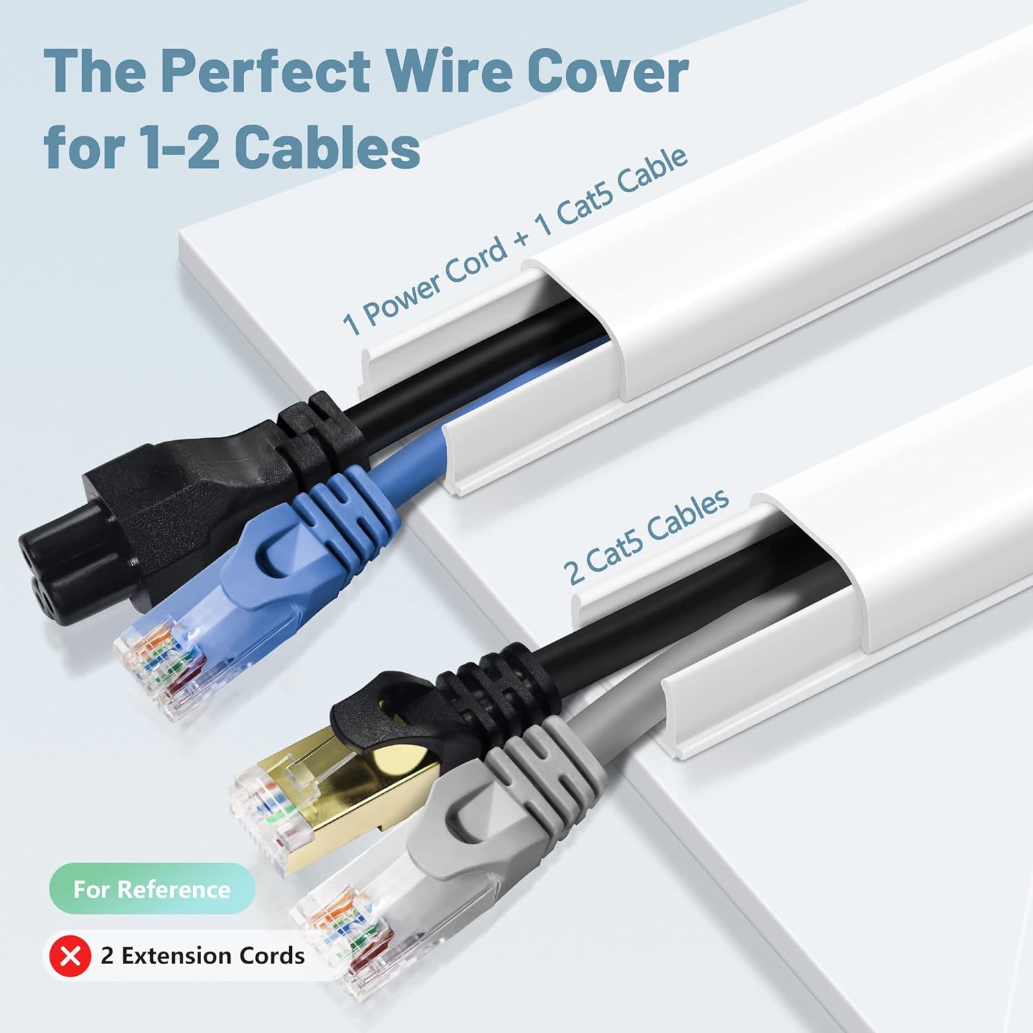 Wire Covers for 2 Cords, 68in (4X L17in) Wire Hider on Wall Mounted, White Cord Cover Kit, Cable Cover Cable Concealer for Extension Cord, Ethernet Cable, Speaker Wire, 0.7in(W) x 0.4in(H) - Image 2