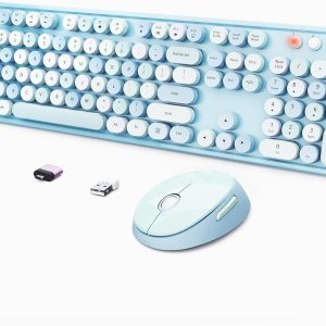 Wireless Keyboard and Mouse Combo, Ergonomic Full Size Typewriter Retro Round Keycaps Keyboard, Compatible with Windows, PC, Perfer for Home and Office Keyboards (Blue