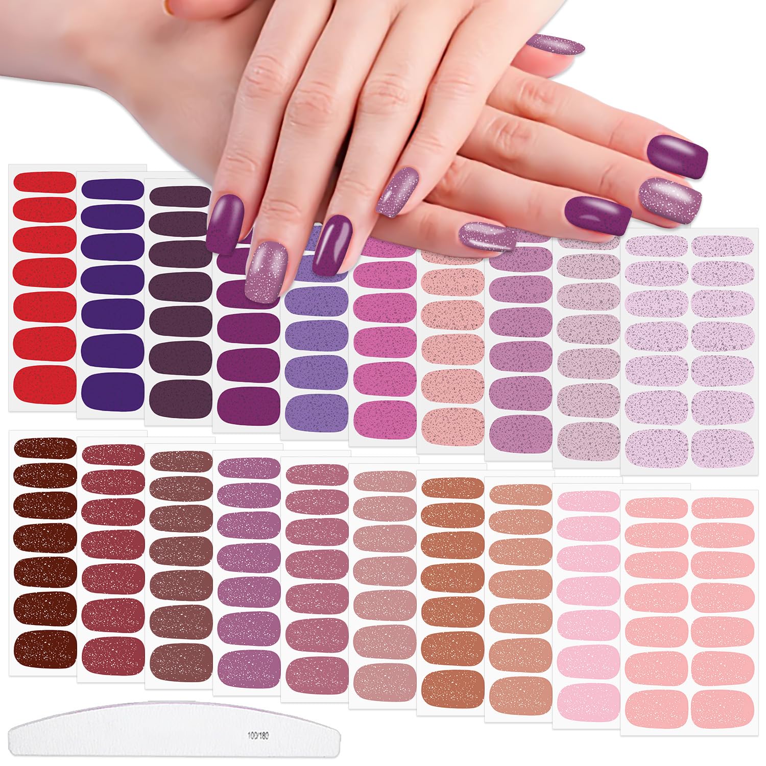 Wokoto 20 Sheets Nail Polish Strips for Women & Girls - Rose, Beige, Pink & Glitter Colors - Solid & Glitter Nail Polish Stickers with Nail File - Multi-Color Stick On Nails Stickers & Full Nail Wraps