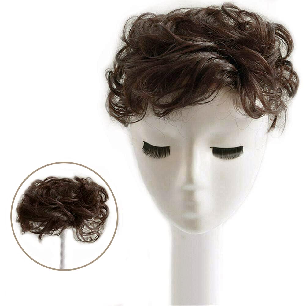 Women Short Human Hair Topper Curly Closure Wiglet Hairpiece Clip in Top Hairpiece Natural Weaving bReplacement Hair Topper for Thinning Hair 13x14cm(Dark Brown 6") - Image 2