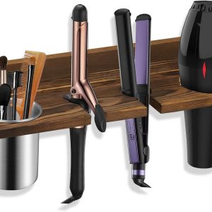 Wooden Hair Tool Organizer - Wall Mounted Holder for Blow Dryer, Flat Iron, Curling Wand, Brushes, Rustic Brown
