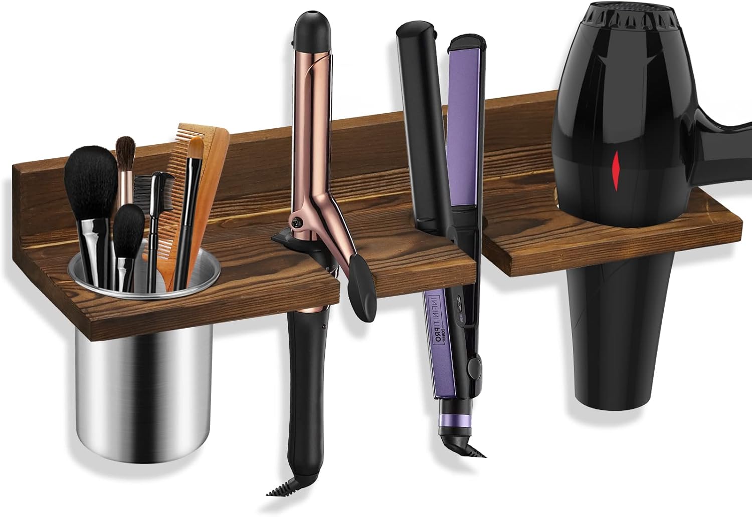 Wooden Hair Tool Organizer - Wall Mounted Holder for Blow Dryer, Flat Iron, Curling Wand, Brushes, Rustic Brown