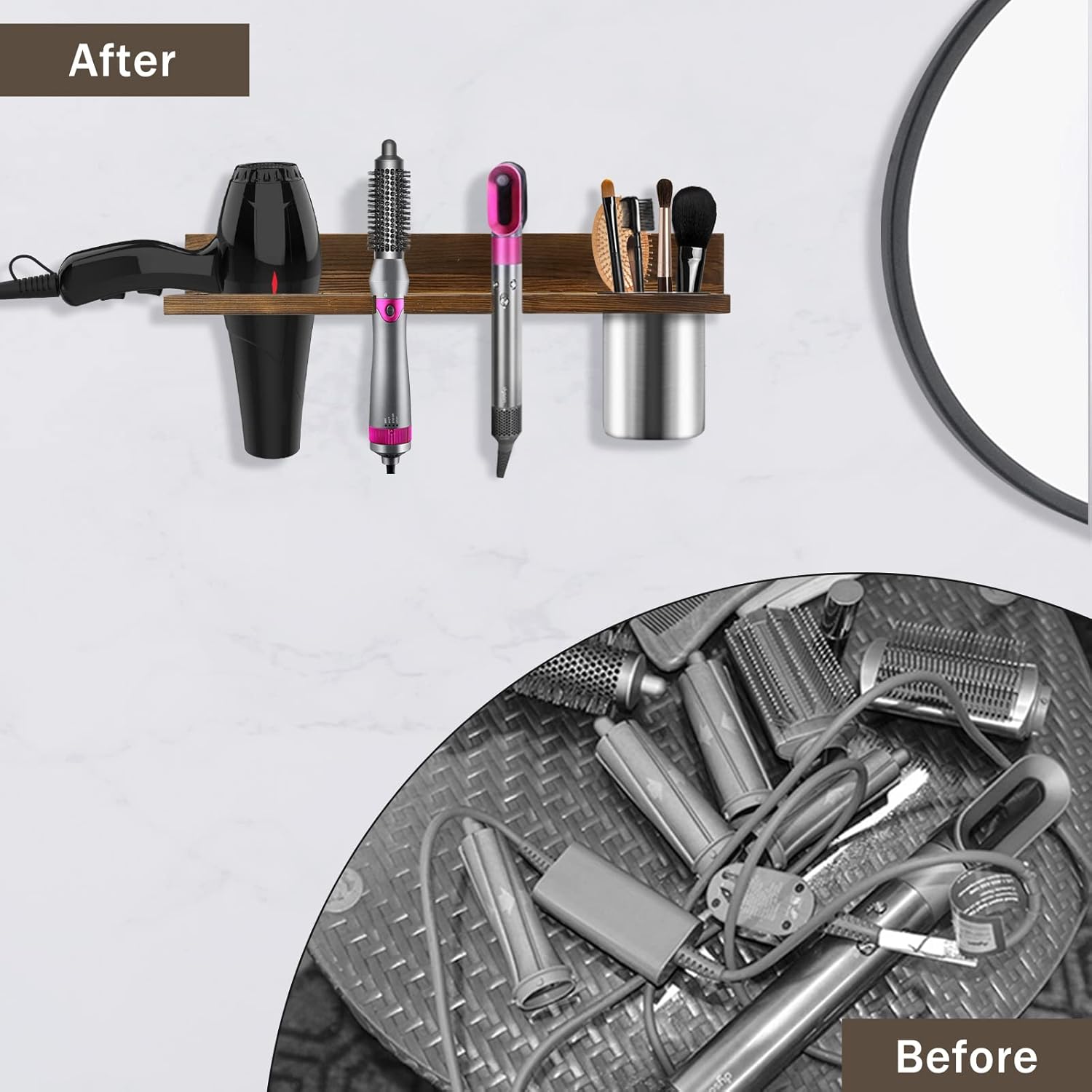 Wooden Hair Tool Organizer - Wall Mounted Holder for Blow Dryer, Flat Iron, Curling Wand, Brushes, Rustic Brown - Image 3