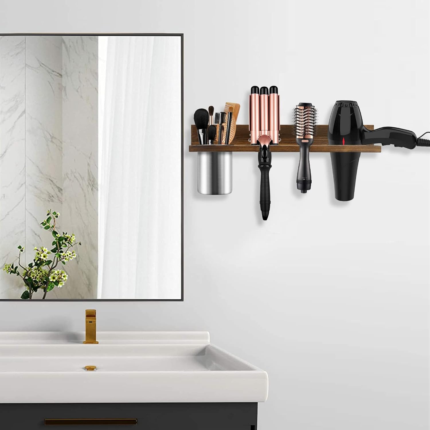 Wooden Hair Tool Organizer - Wall Mounted Holder for Blow Dryer, Flat Iron, Curling Wand, Brushes, Rustic Brown - Image 2