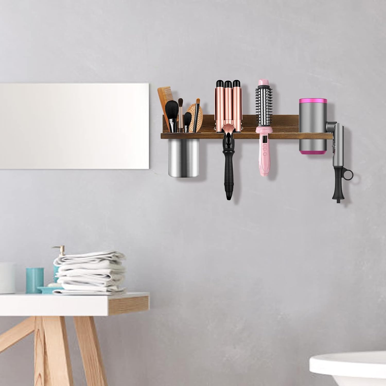 Wooden Hair Tool Organizer - Wall Mounted Holder for Blow Dryer, Flat Iron, Curling Wand, Brushes, Rustic Brown - Image 7
