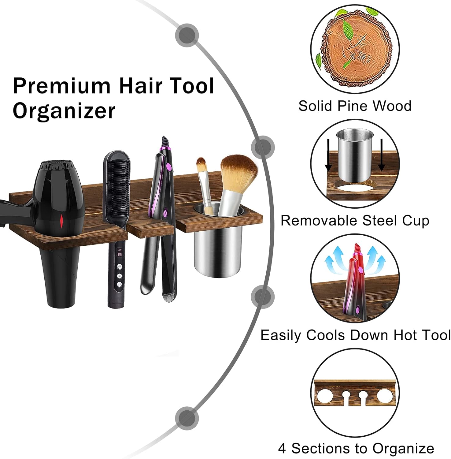 Wooden Hair Tool Organizer - Wall Mounted Holder for Blow Dryer, Flat Iron, Curling Wand, Brushes, Rustic Brown - Image 4