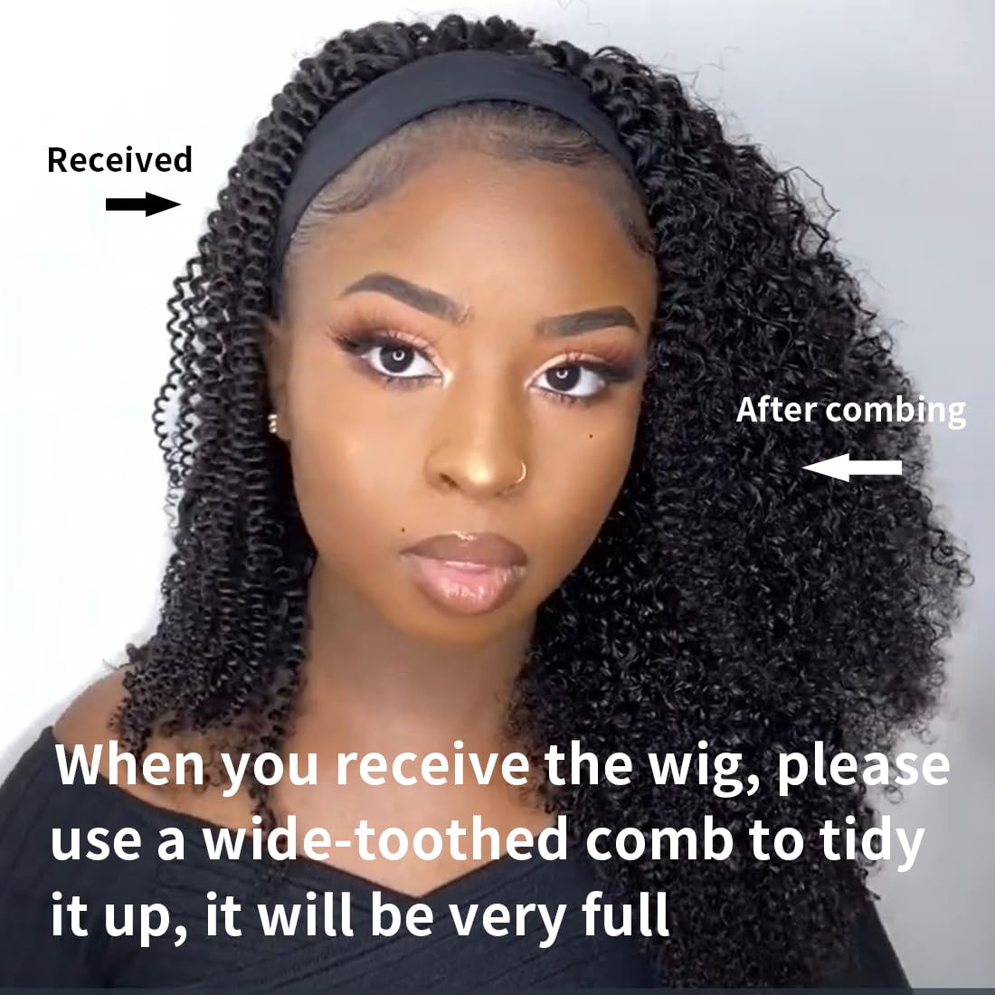 XSY Headband Wig Human Hair 20 Inch Kinky Curly Headband Wigs for Black Women Glueless No Lace Front Wig Brazilian Virgin Human Hair 150% Density Natural Black Color - Image 2