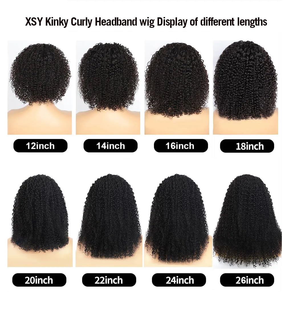 XSY Headband Wig Human Hair 20 Inch Kinky Curly Headband Wigs for Black Women Glueless No Lace Front Wig Brazilian Virgin Human Hair 150% Density Natural Black Color - Image 4