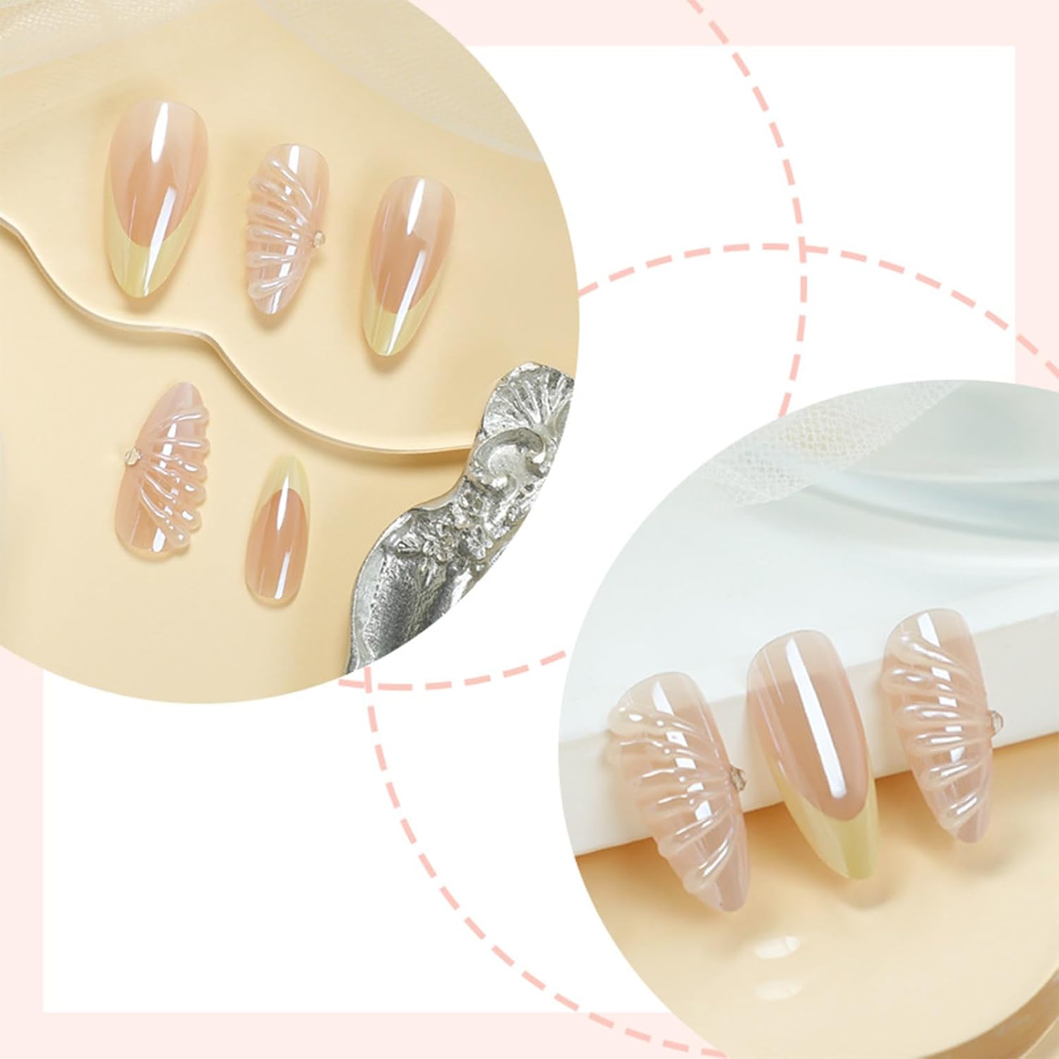 Yellow French Tips Press on Nails 3D Curve Line False Nails 3D Shells Design Gel Glue on Medium Almond Nails Glossy Chrome Metal Acrylic Fake Nails Rhinestones Stick on Nails for Coquette Women 24 Pcs - Image 2