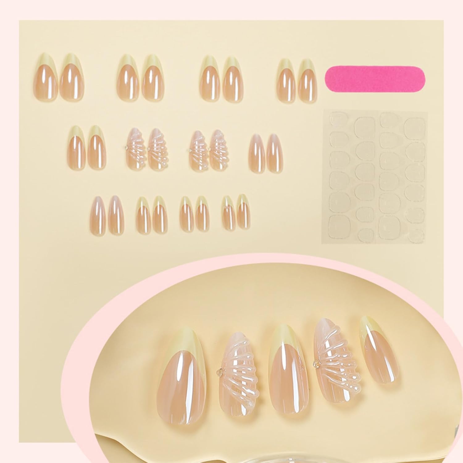 Yellow French Tips Press on Nails 3D Curve Line False Nails 3D Shells Design Gel Glue on Medium Almond Nails Glossy Chrome Metal Acrylic Fake Nails Rhinestones Stick on Nails for Coquette Women 24 Pcs - Image 3