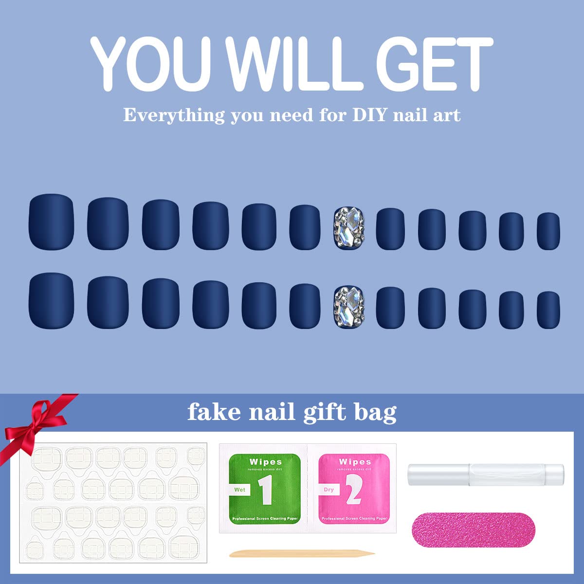 Yivaiks 24 Pcs Yivaiks 24 Pcs Blue nails Short Press on Nails for Women Fake Nails with Glue on Nails Matte stick on nails acrylic nails - Image 4