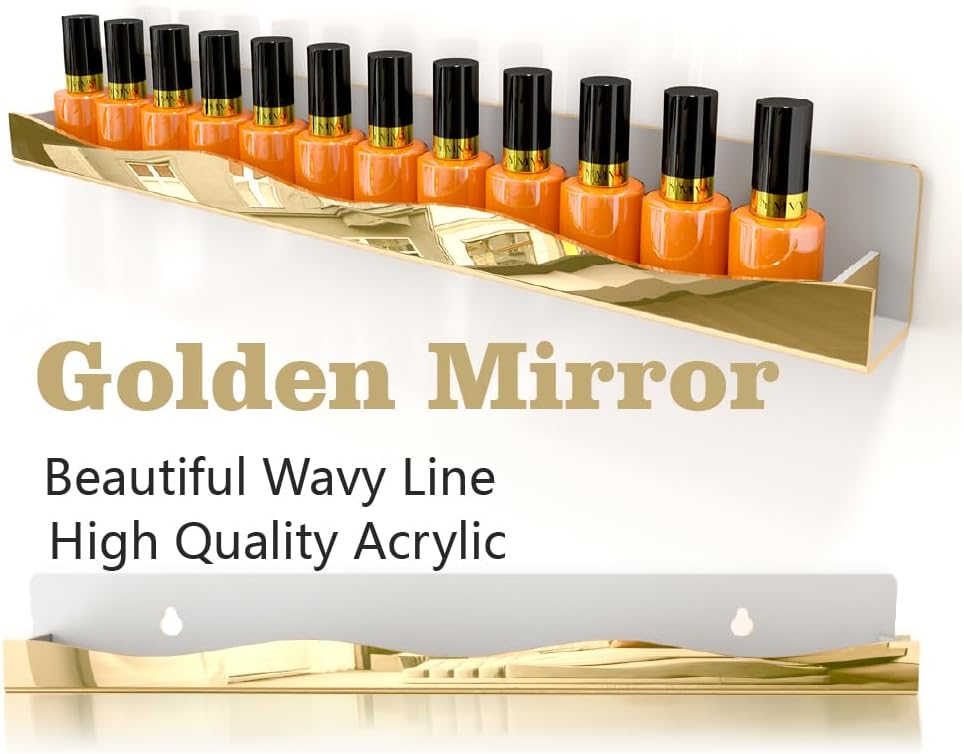 YMVV Wall-Mounted Nail Polish Organizer Rack - 15-Inch Gold Mirror Finish Nail Polish Shelf, Makeup & Beauty Essentials Storage - Multi-Purpose Display Holder for Small Space, Vanity Bathroom, 6 Pack - Image 3