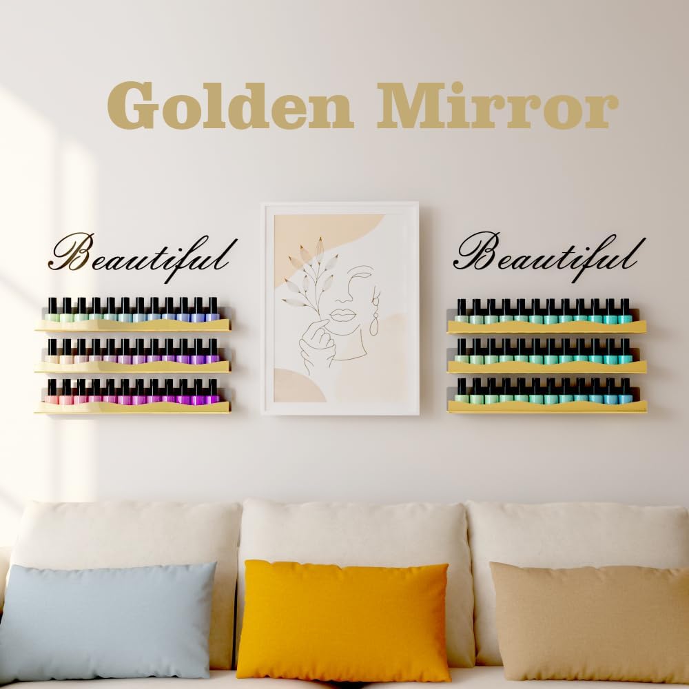 YMVV Wall-Mounted Nail Polish Organizer Rack - 15-Inch Gold Mirror Finish Nail Polish Shelf, Makeup & Beauty Essentials Storage - Multi-Purpose Display Holder for Small Space, Vanity Bathroom, 6 Pack - Image 4