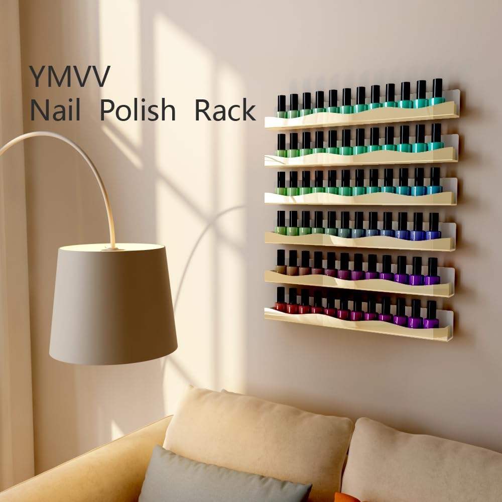 YMVV Wall-Mounted Nail Polish Organizer Rack - 15-Inch Gold Mirror Finish Nail Polish Shelf, Makeup & Beauty Essentials Storage - Multi-Purpose Display Holder for Small Space, Vanity Bathroom, 6 Pack - Image 5