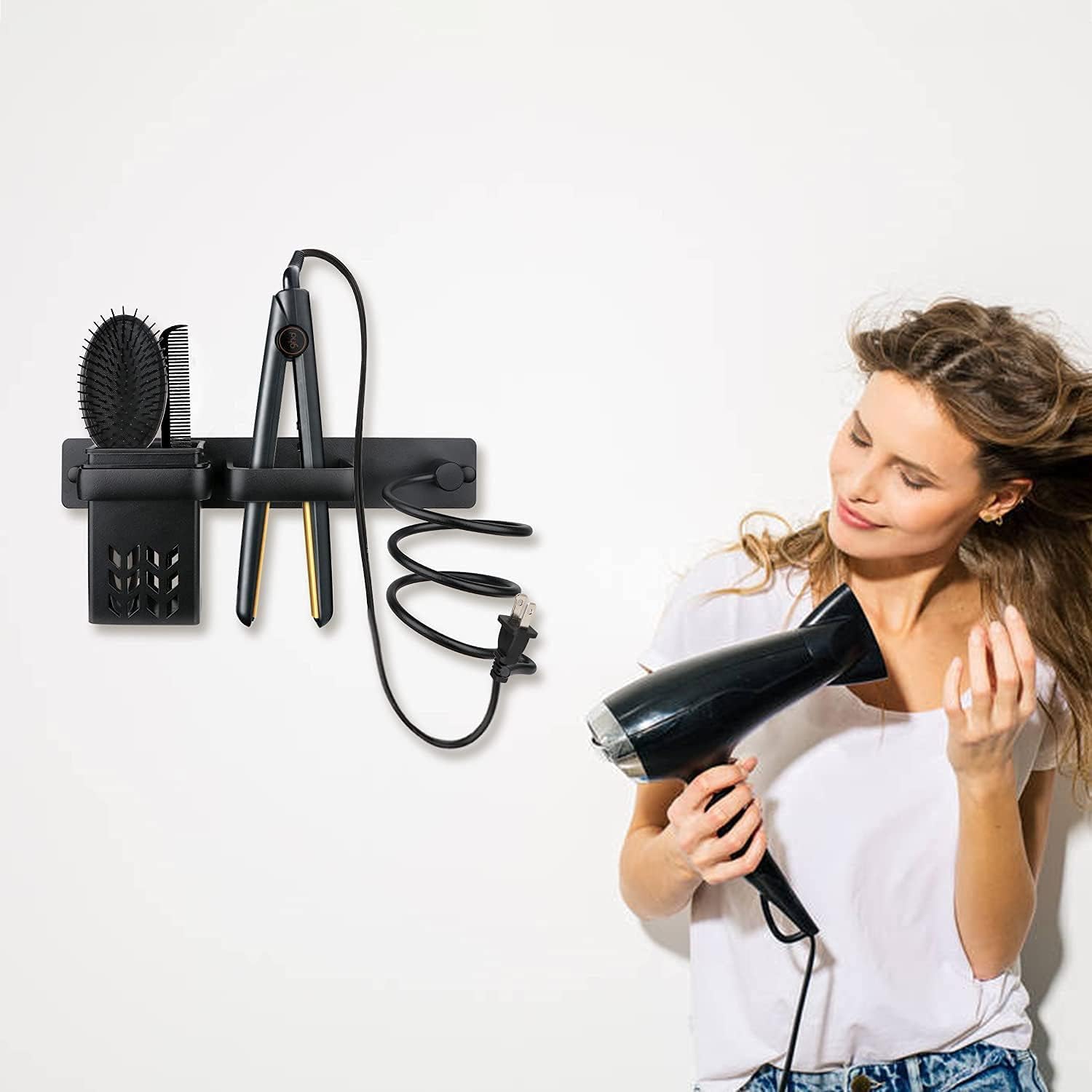 YUET Hair Dryer Holder Hairdryer Station Wall Mounted Spiral Shelf Bracket Stand Hanger Straightener Organizer Blow Storage with Holes Rack For Bathroom Aluminum Professional (Black With Cup) - Image 2