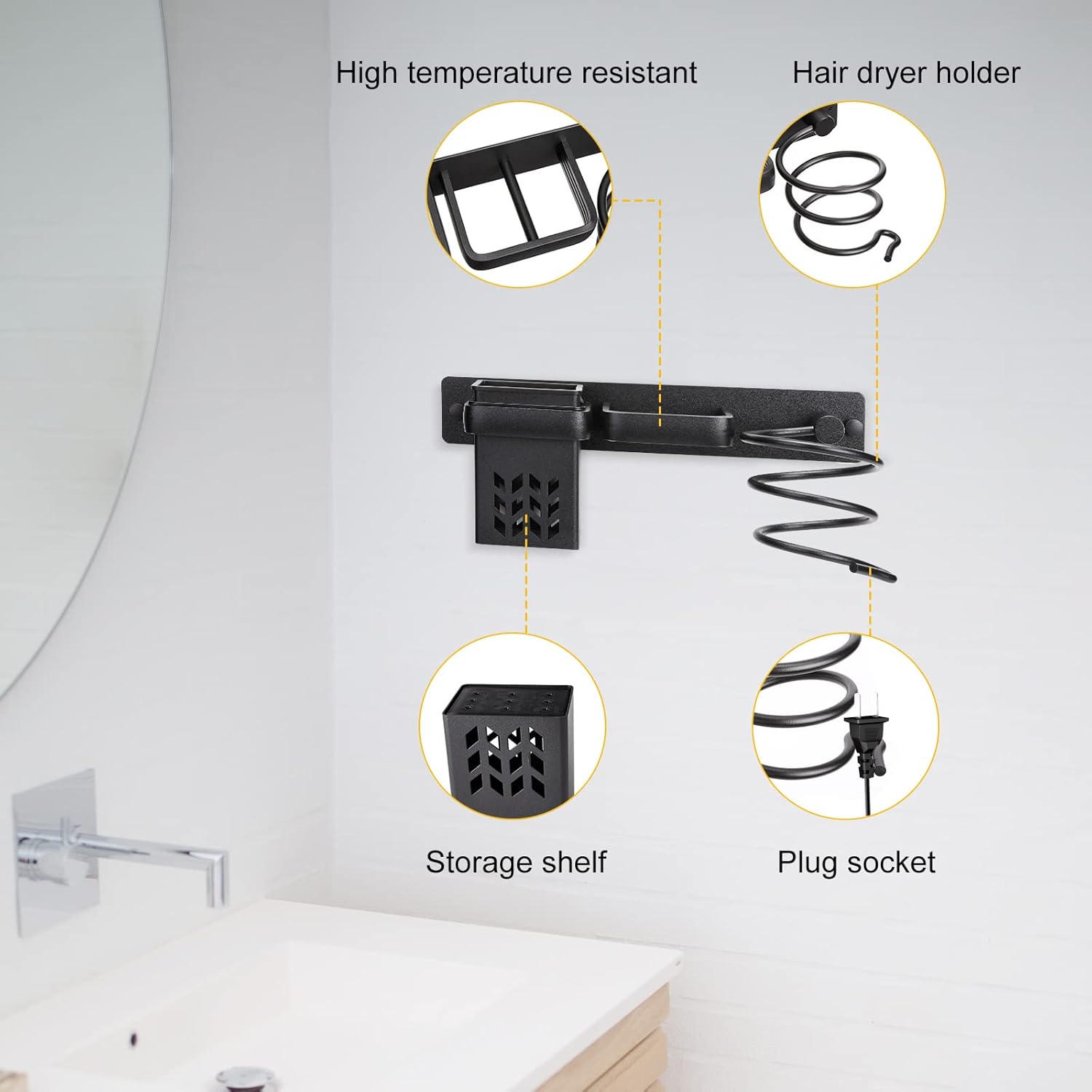YUET Hair Dryer Holder Hairdryer Station Wall Mounted Spiral Shelf Bracket Stand Hanger Straightener Organizer Blow Storage with Holes Rack For Bathroom Aluminum Professional (Black With Cup) - Image 7