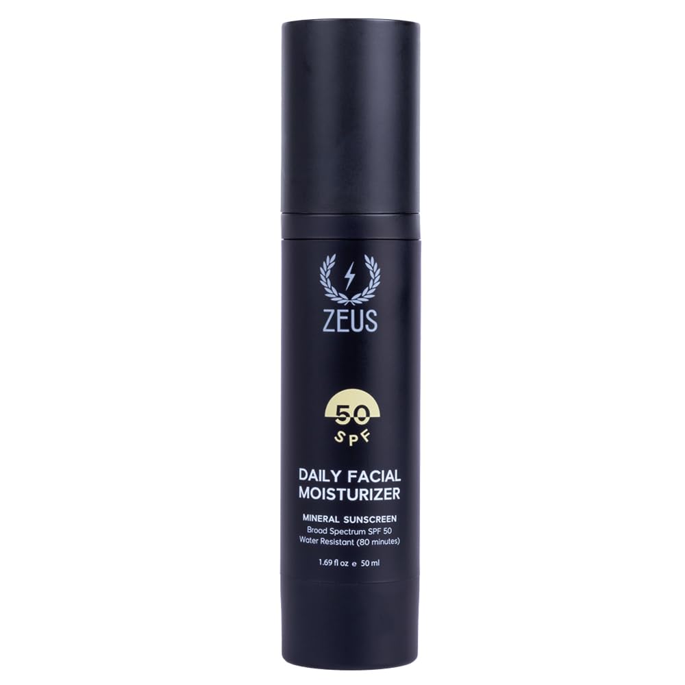 ZEUS Men's Daily Defense SPF50 Face Moisturizer for Men, Natural & Organic, Zinc Oxide Face Moisturizing Mineral Sunscreen, Hydrates & Protects Skin Against Harmful UVA/B rays (Made in USA) Unscented