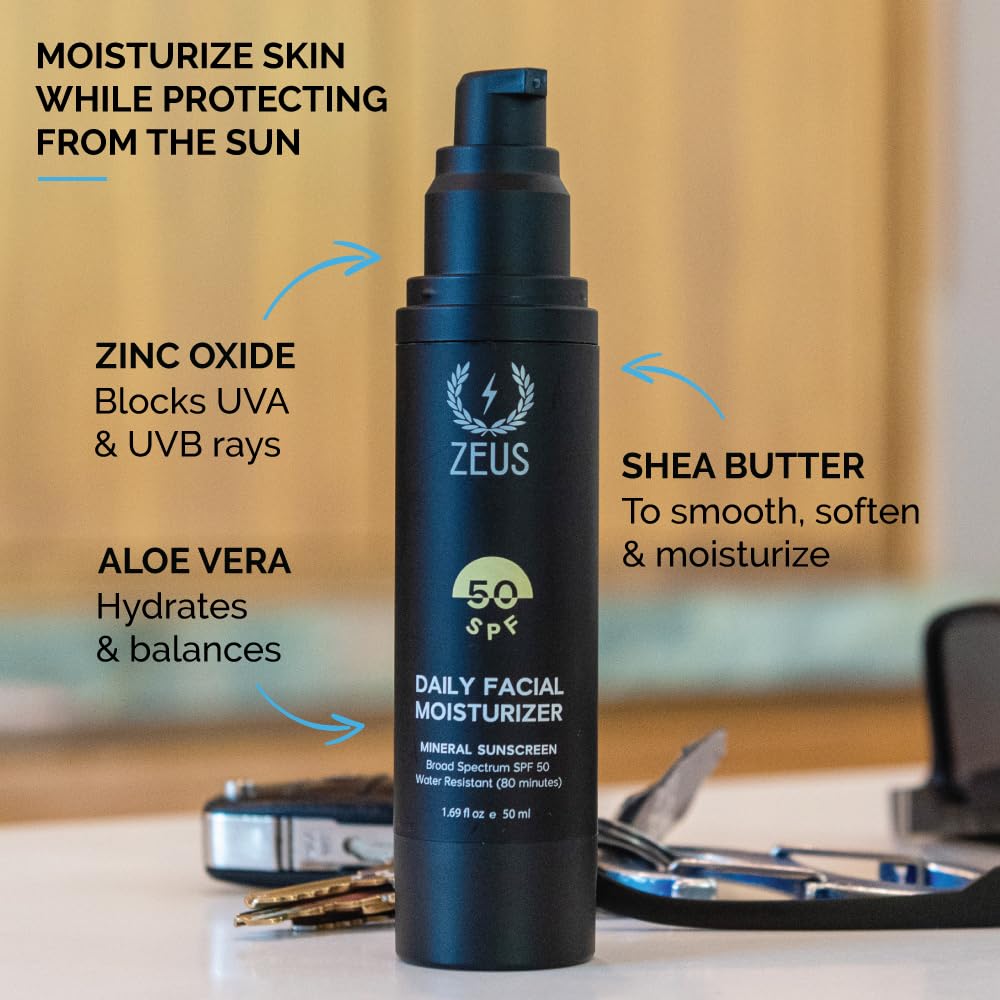 ZEUS Men's Daily Defense SPF50 Face Moisturizer for Men, Natural & Organic, Zinc Oxide Face Moisturizing Mineral Sunscreen, Hydrates & Protects Skin Against Harmful UVA/B rays (Made in USA) Unscented - Image 2