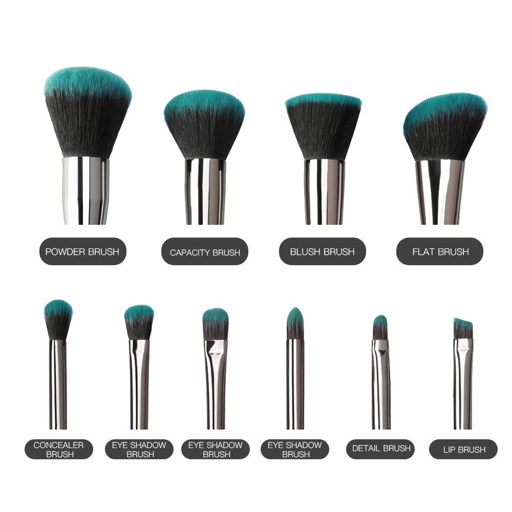 10 Piece Crystal Handle Makeup Brush Set with Kabuki, Foundation, and Eye Brushes - Green - Image 8
