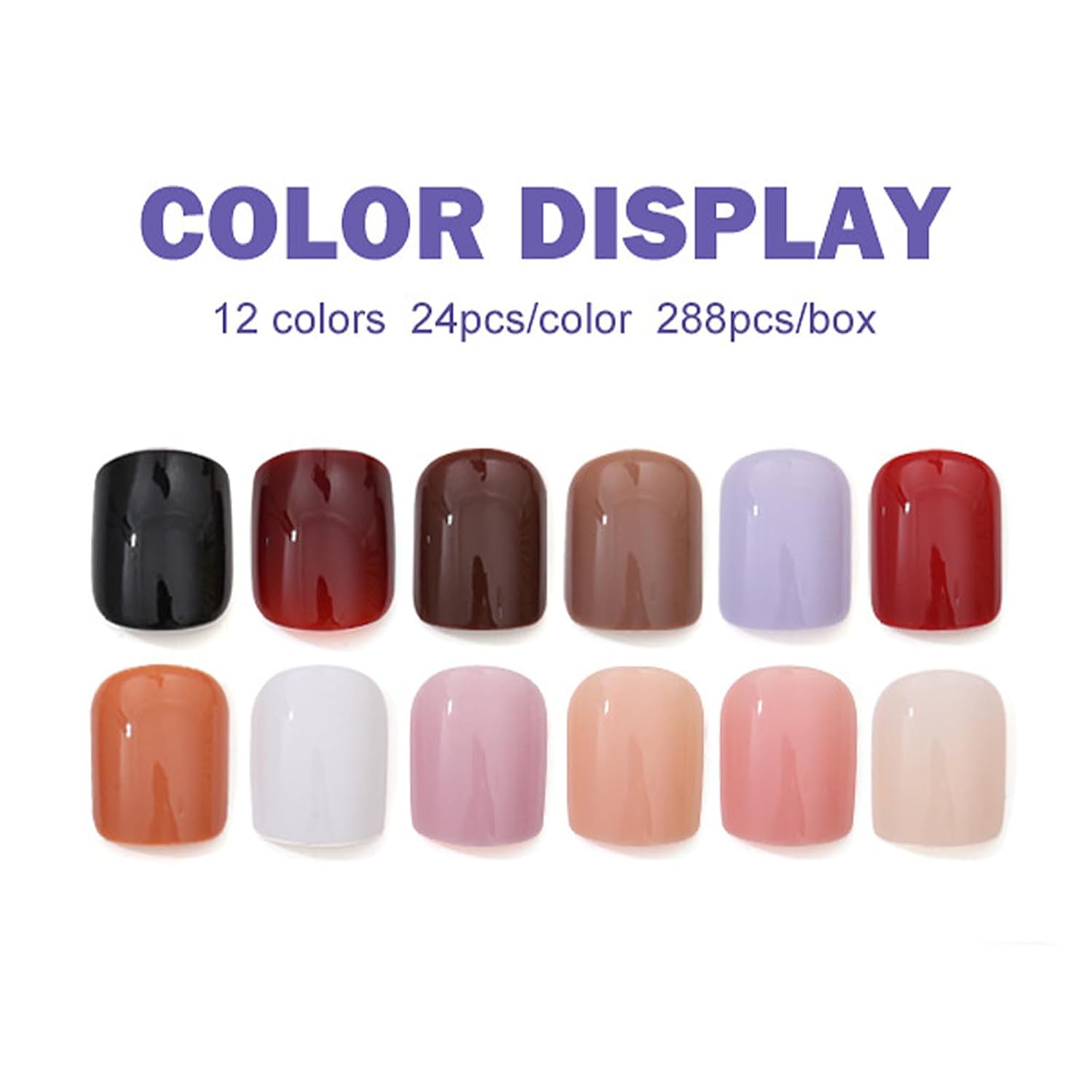 12 Packs of 288 Glossy Square Press-On Nails in 12 Solid Colors for Daily Wear - Image 2