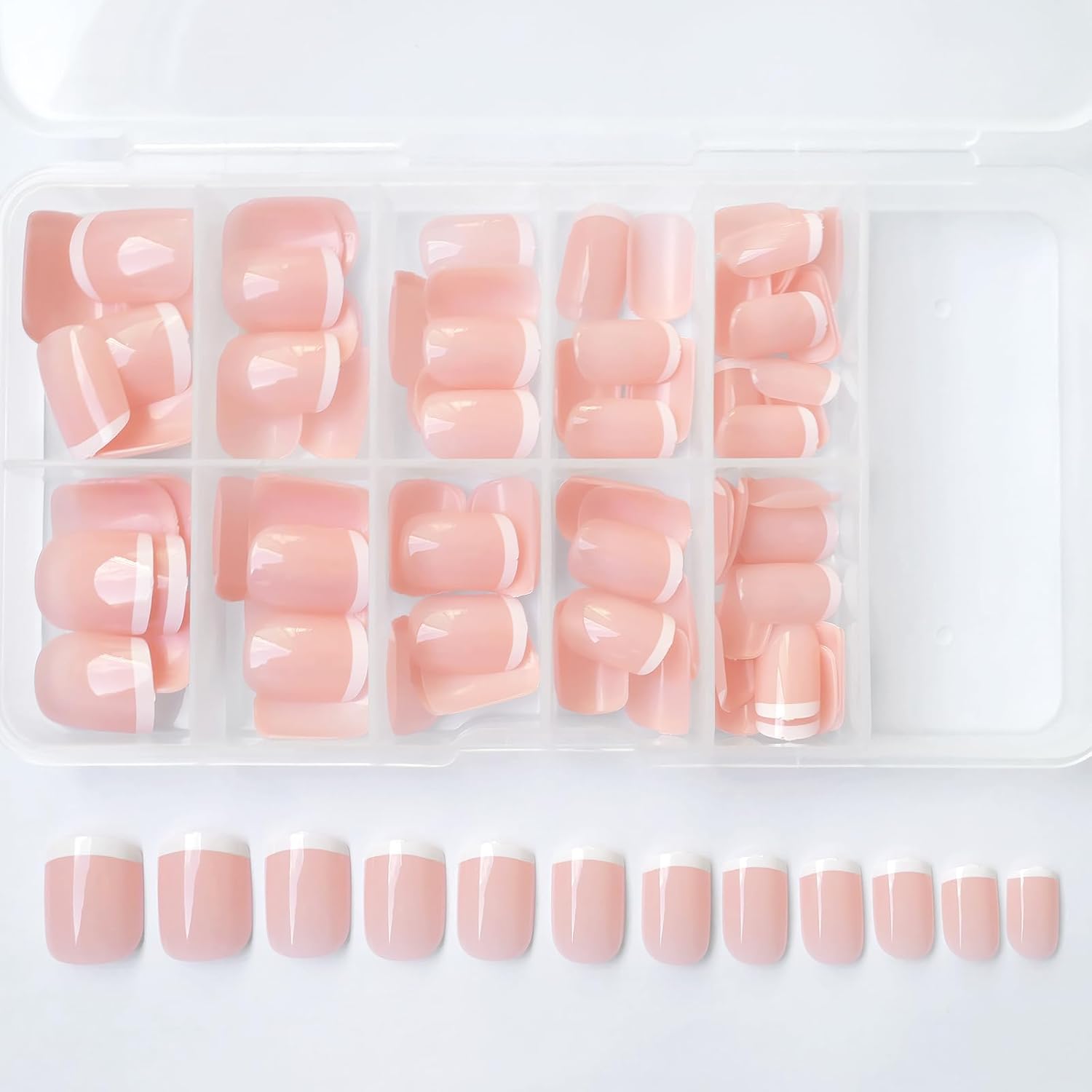 120 Pcs Short Square White French Tip Press on Nails with Glossy Pink Finish for Women - Image 4
