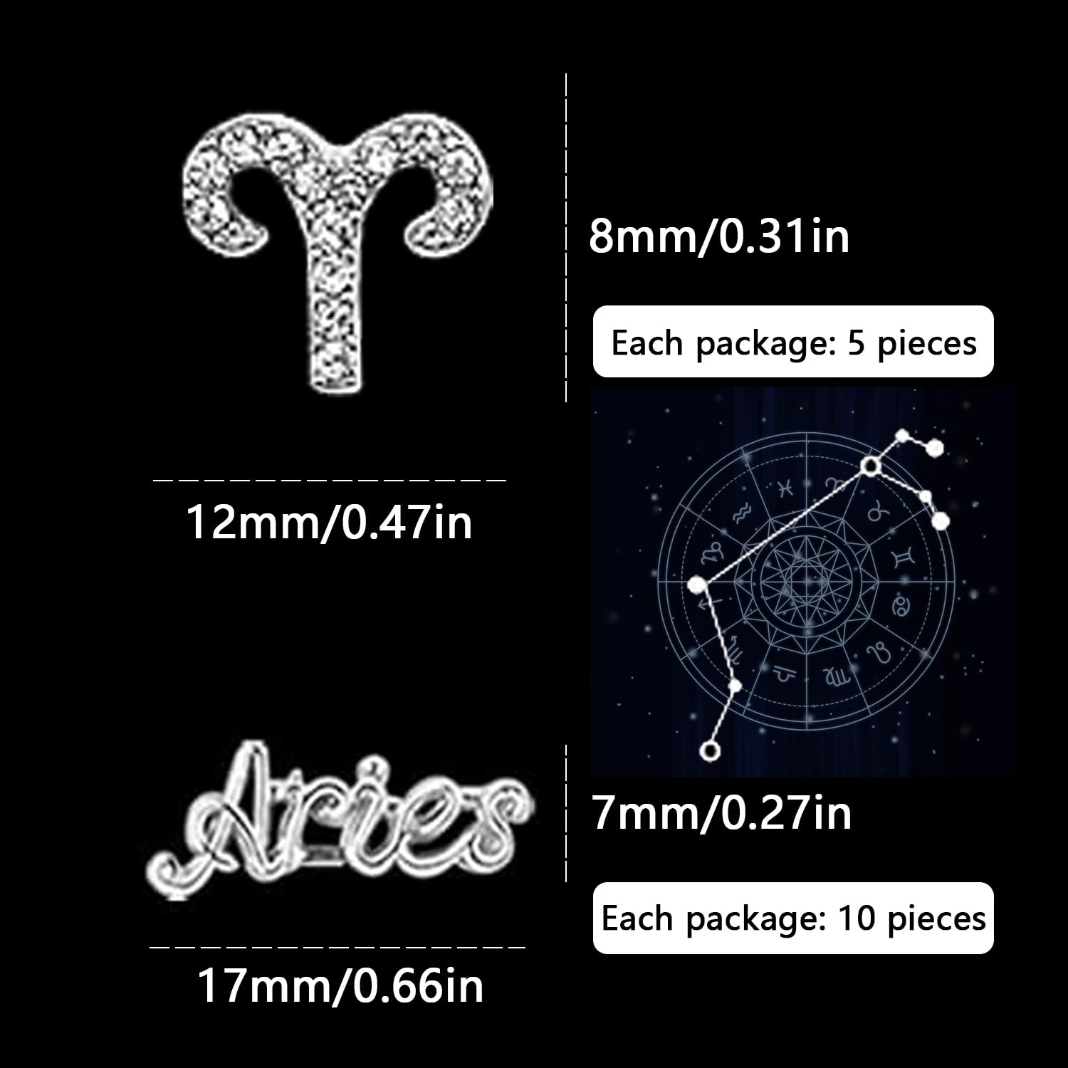 15pcs 3D Silver Zodiac Aries Nail Charms with 5 Signs and 10 Letter Studs for DIY Crafts - Image 2