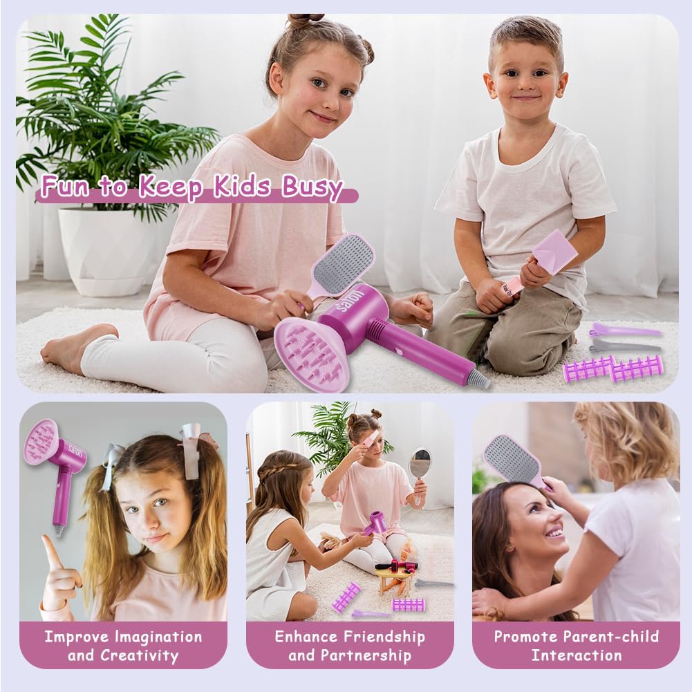 15-Piece Kids Beauty Salon Toy Set with Pretend Blow Dryer and Styling Accessories - Image 6