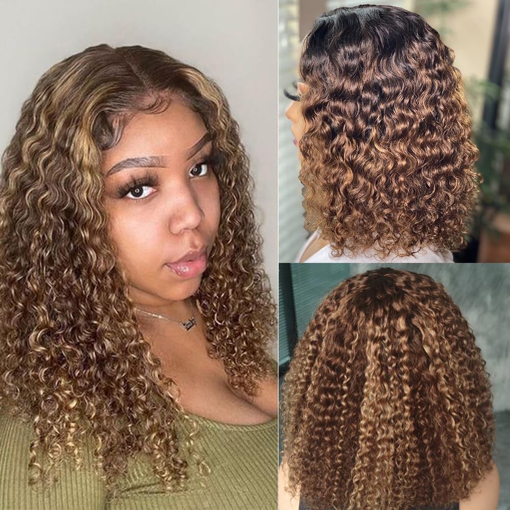 16 Inch Highlight Blonde Curly Bob Wig Human Hair Water Wave 200% Density - Image 3