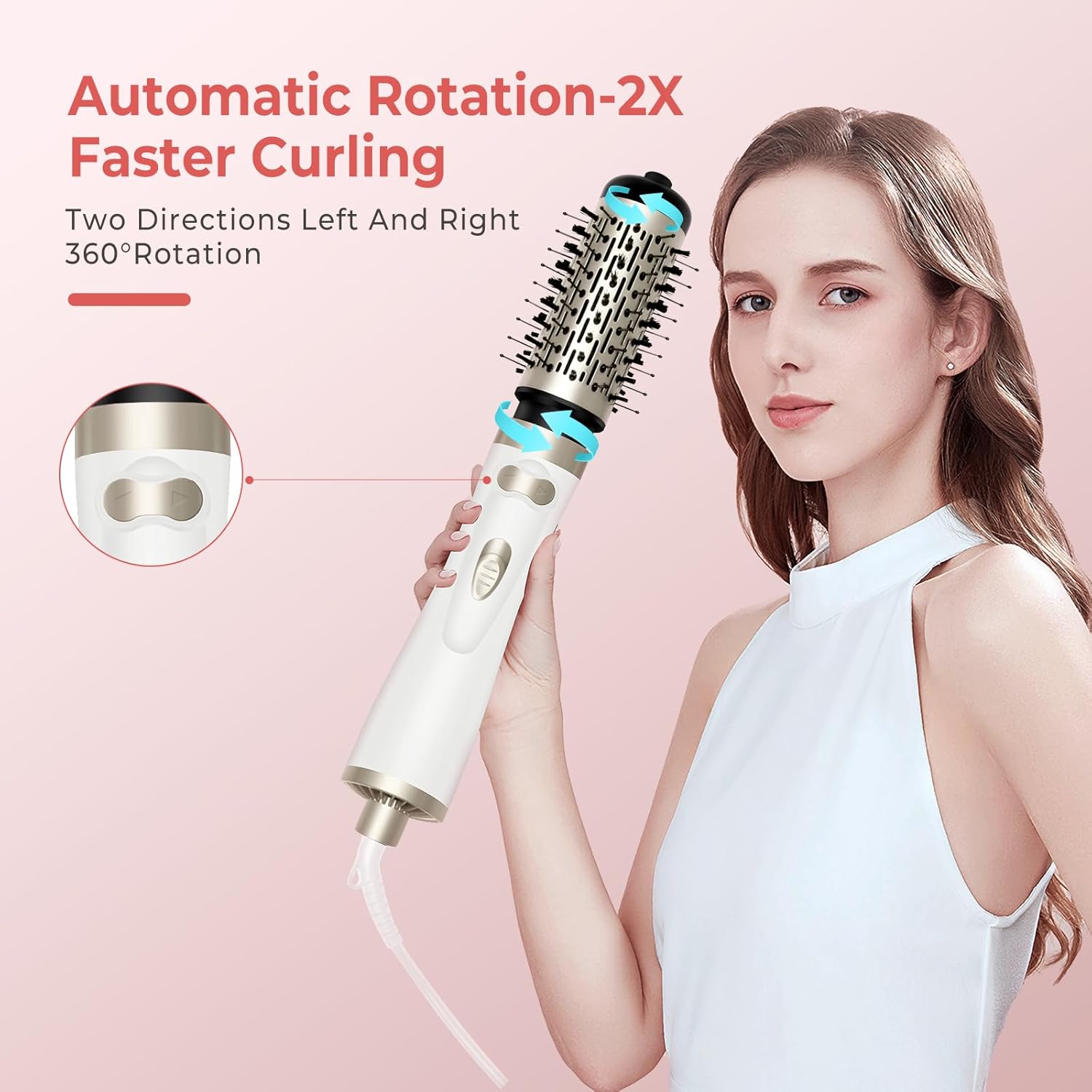 Hair Dryer Brush, 3-in-1 Rotating Round Hot Air Spin Brush Set with 2 Brushes (2" & 1.5"), Negative Ionic Blow Volumizer, 2 Detachable Auto-Rotating Curling Brush (White Gold) - Image 2