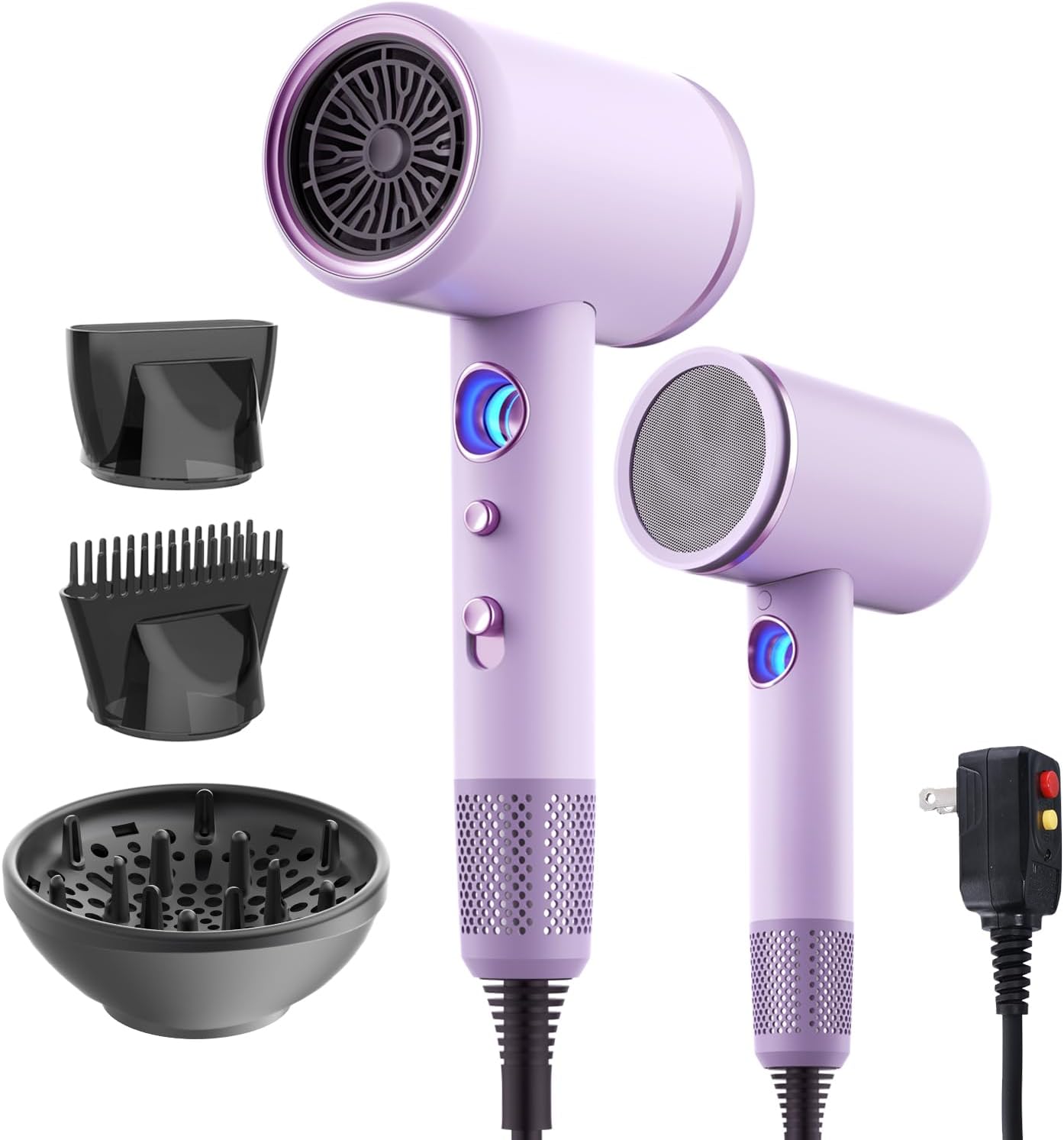 Professional Hair Dryer,1875 Watt High-Speed Ionic Blow Dryer with Diffuser/Concentrator/Comb Nozzle,LED Temp Display,Intelligent Temp Control,Low Noise for Home Salon Travel (Purple)
