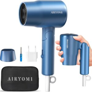 Portable Travel Hair Dryer Dual Voltage, Lightweight Small Blow Dryer with EU Plug, 1875W Compact Hairdryer with Folding Handle, Concentrator Attachment Hair Dryer for Women Men (Blue)