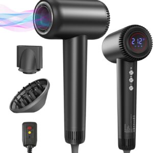 Hair Dryer, 180000 RPM High-Speed Blow Dryer, 1600W Low Noise Brushless Motor, Negative Lonic Professional Care Hair Dryer, 4 Thermo-Control with Magnetic Diffuser and Nozzle for Travel, Salon(Black)