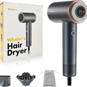 WHALER'S Professional Hair Dryer Ionic 1400W Fast Drying, 4 Speed/Heat Settings & Cool Shot, Dual Voltage for Travel, Includes Diffuser+Concentrator+Replacement Brush (1.4kW, 120V-240V) (Black)