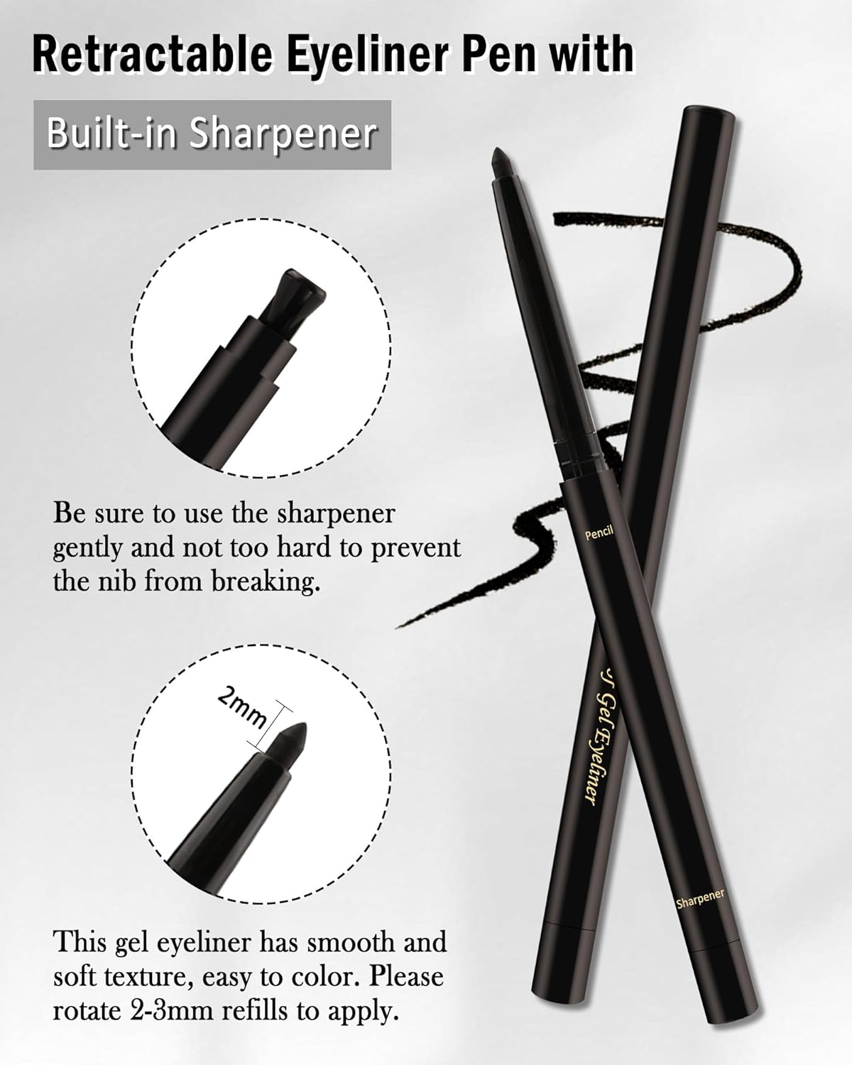 Black Gel Eyeliner Pencil for Sensitive Eyes, Waterproof and Smudge-Proof, 2 Pcs - Image 3