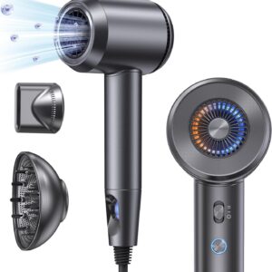 Hair Dryer with Diffuser: Gift for Women Men with 700 Million Hair Care Ions, 37m/s High Speed Blow Dryer with 160000 RPM, 1500W, 5 Heat & 2 Speed Setting, Low Noise Thermo-Control (Metallic Gray)