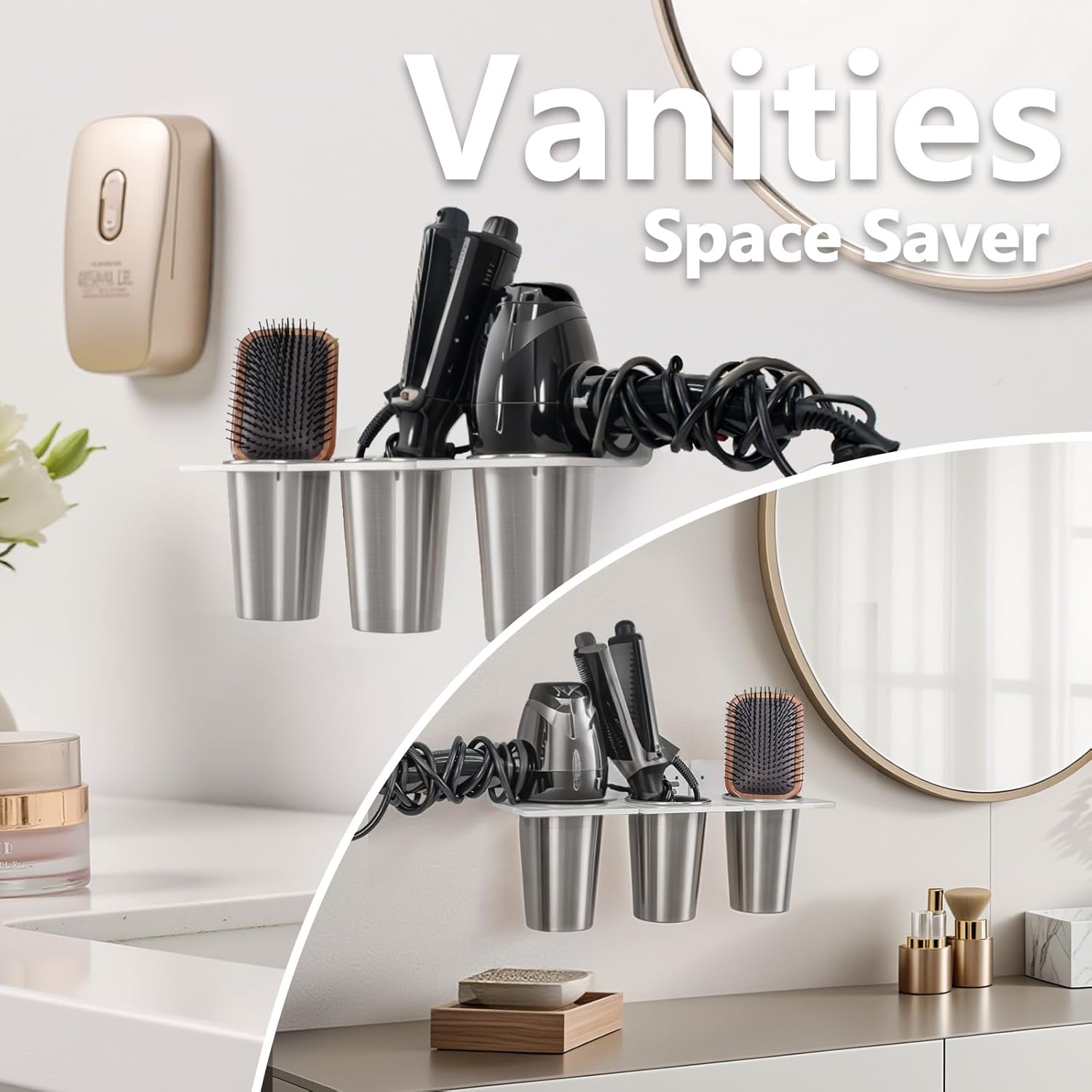 Wall Mount Hair Tool Organizer with 2 Cups for Dryer, Straighteners, Irons - Image 4