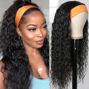 KLAIYI Headband Human Hair Wig Water Wave Curly Non Lace Front Wigs for Black Women Deep Wave Glueless Wear and Go Half Wig 30S Ready to Go Wig with Band Beginner Friendly 180% Natural Hairline 24Inch