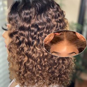 16 Inch Highlight Blonde Wear and Go Glueless Curly Bob Wig Human Hair Pre Plucked, 4/27 Water Wave No Glue wigs,Pre cut HD Lace Front Wigs Human Hair for Women 200% Density