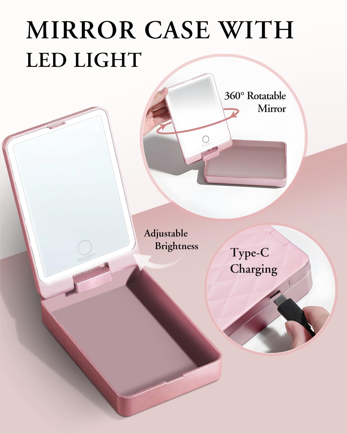 20 Piece Pink Travel Makeup Brush Set with LED Light Mirror and 2 Powder Puffs - Image 4