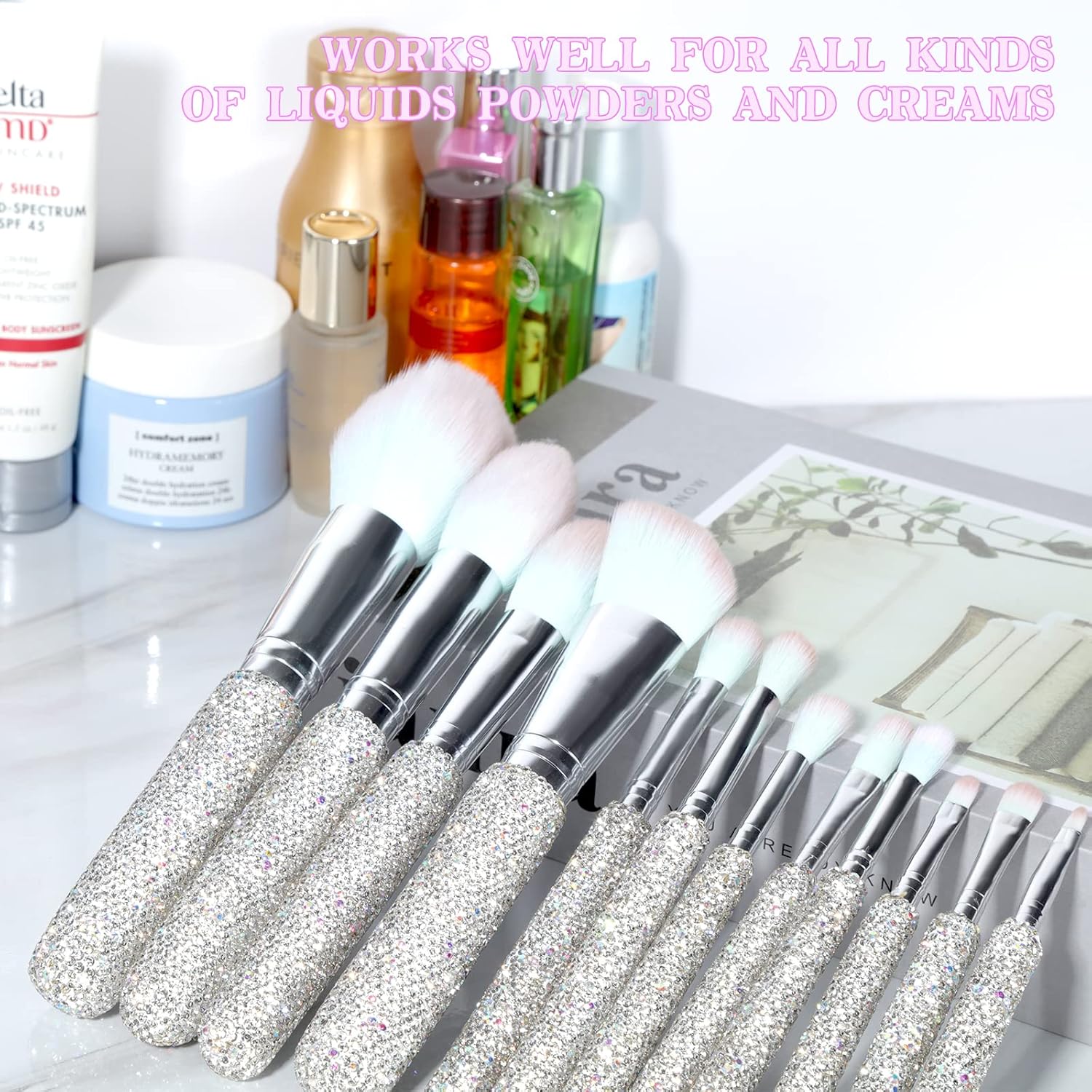 Bling Crystal Makeup Brushes Set 12PCS Glitter Beauty Tool Professional White - Image 5