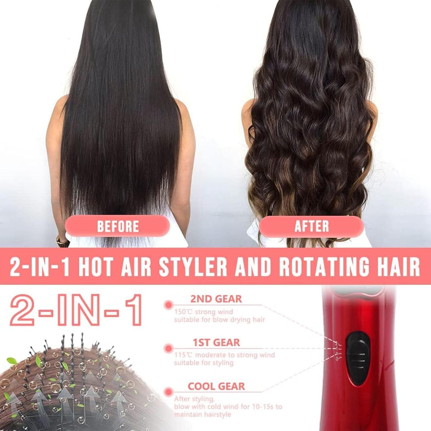 Gold 3-in-1 Hot Air Styler Rotating Hair Dryer with 2 Brushes for Straightening Curling - Image 2
