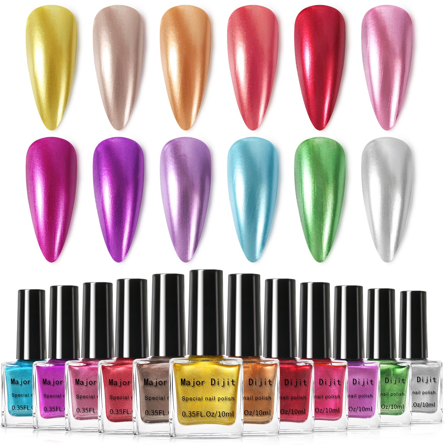 DouborQ Metallic Nail Polish Set-12 Colors Mirror Glitter Nail Polish 10ml Holographic Gold Silver Red Pink Purple Quick-Dry Manicure Art