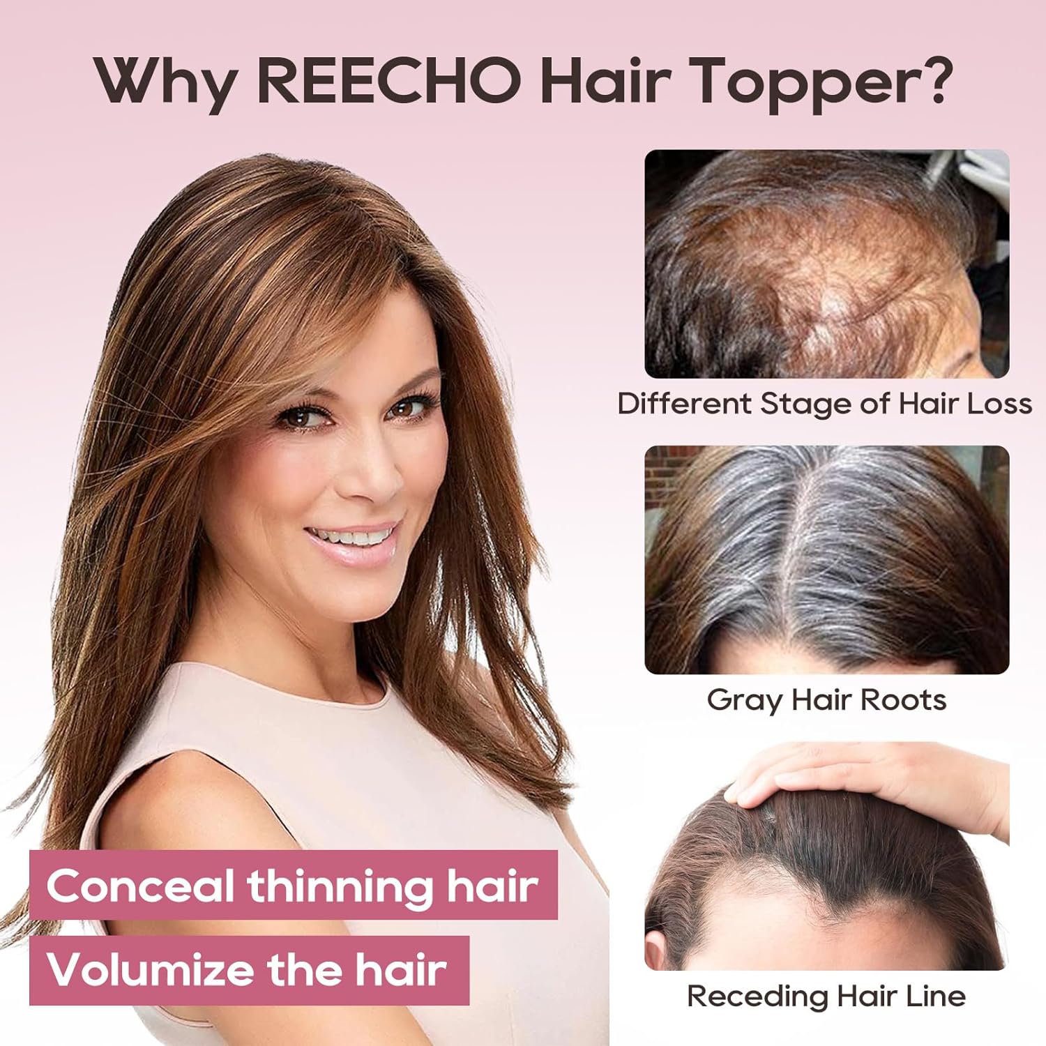 REECHO Dark Gray 16 Inch Real Human Hair Topper with Clip-in Bangs Extensions for Women - Image 7