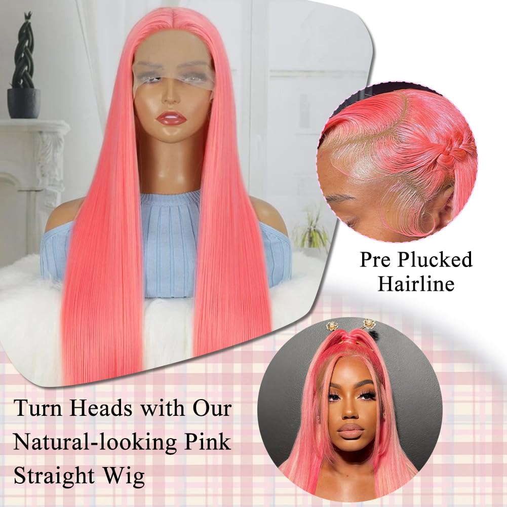 18 Inch Human Hair Pink Lace Front Wig Straight Pre Plucked with Baby Hair - Image 2