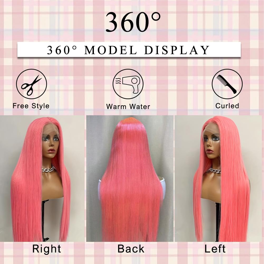 18 Inch Human Hair Pink Lace Front Wig Straight Pre Plucked with Baby Hair - Image 3