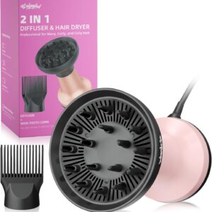 2-in-1 Diffuser Hair Dryer for Curly Hair: 1875W Ionic Hair Dryer w/Comb & Diffuser Attachment, Fast Drying, Reduces Frizz, Anti-Heat Handle Blow Dryer with ALCI Plug, Gift for Women Her
