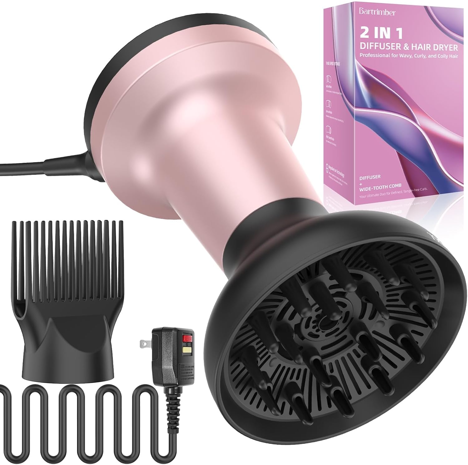 2 in 1 Hair Diffuser for Curly Hair with Ionic Technology, XL 1875W Hair Dryer with Diffuser & Comb Nozzle Attachment, 3×Faster, Enhances Curl Waves, Reduce Frizz, Gifts for Women Her