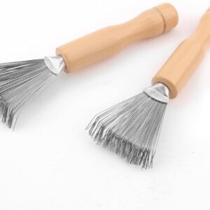 2 Pack Hair Brush Cleaner Tool Cleaning Comb Brushes for Hairbrush Easy Clean Solution with Metal Rake Wooden Handle for Home and Salon Use (Handle with Groove)