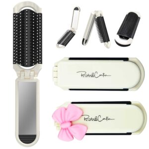 2 Pack Folding Hair Brush with Mirror, Wet & Dry Detangling Hair Brush, Mini Hair Comb Compact Travel Size Hair Massage Comb For All Types of Hair