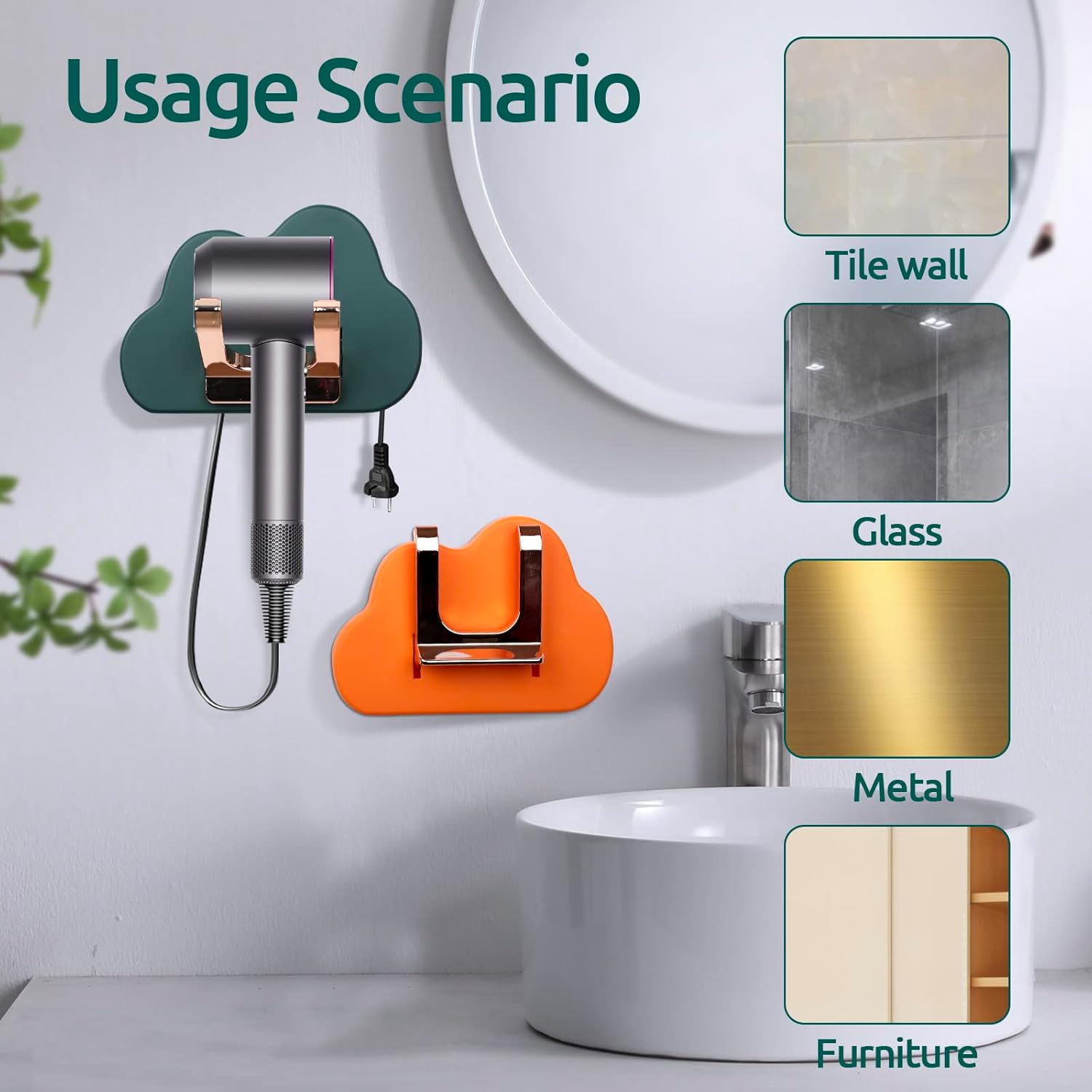 2 Pack Wall Mounted Hair Dryer Holder with Integrated Plug and Cord Organizer for Bathroom - Image 2
